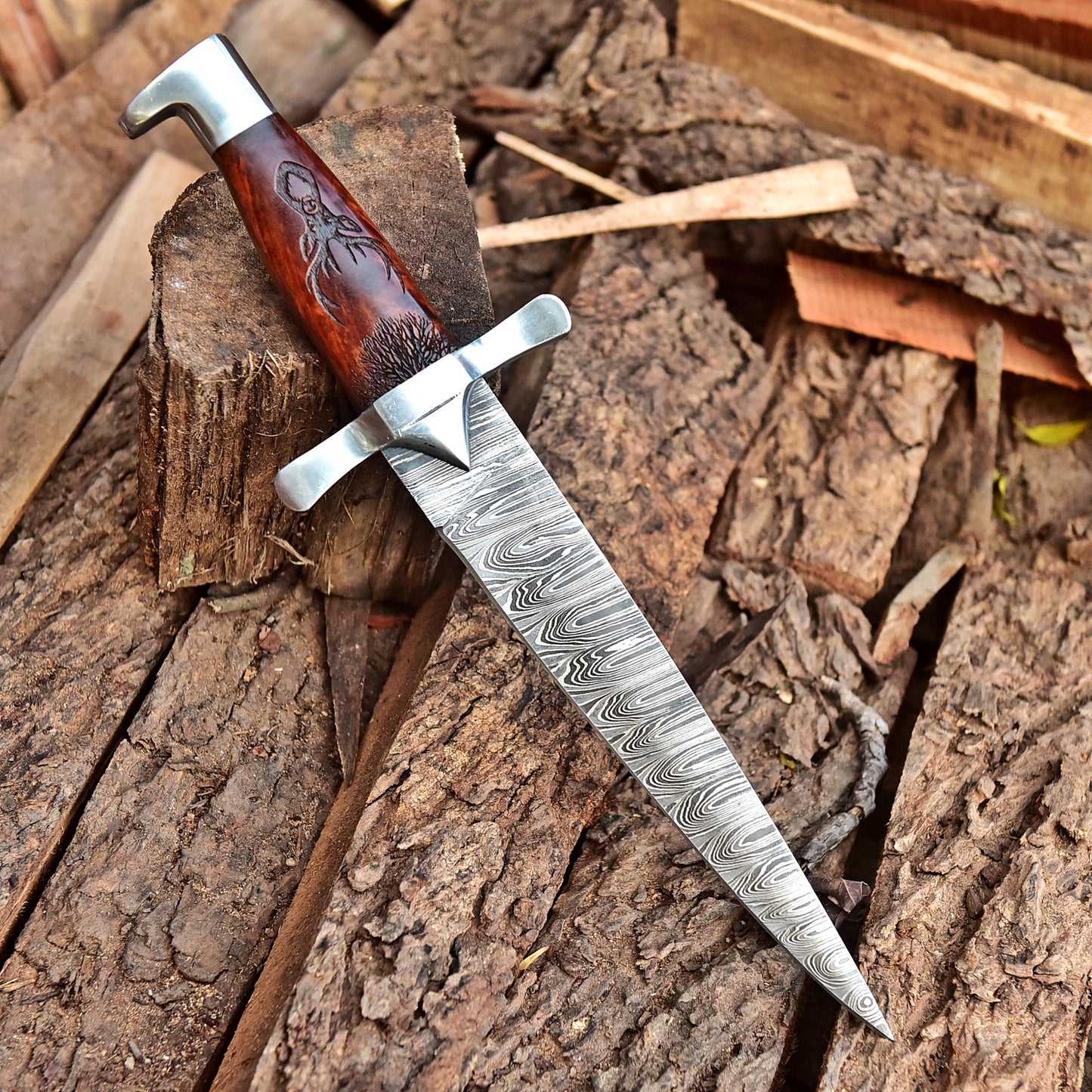 Custom Handmade Damascus Steel Dagger Knife Wood Deer Engraved Handle