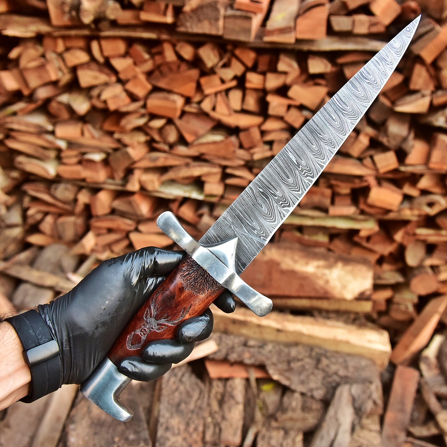 Custom Handmade Damascus Steel Dagger Knife Wood Deer Engraved Handle