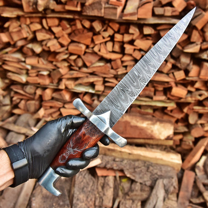 Custom Handmade Damascus Steel Dagger Knife Wood Deer Engraved Handle