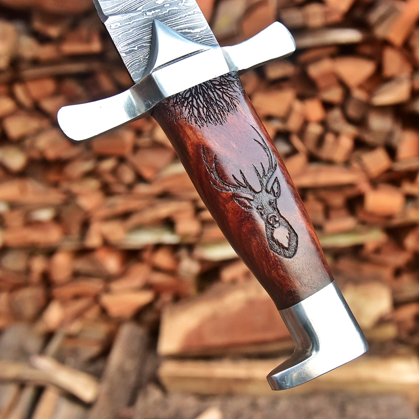 Custom Handmade Damascus Steel Dagger Knife Wood Deer Engraved Handle