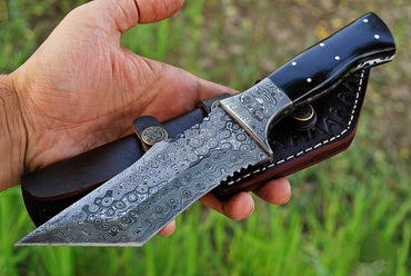 10" Handmade Damascus Steel fixed Tanto Blade Bull Cutter Tracker knife with sheath x-109