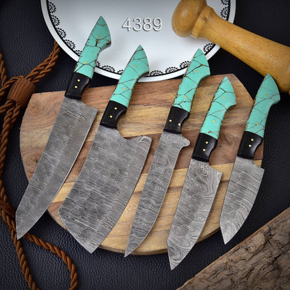 The Orchid - Handmade Damascus Chef Knife Set - 5 Pieces Forged Kitchen Knife Set x-135