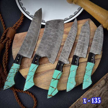 The Orchid - Handmade Damascus Chef Knife Set - 5 Pieces Forged Kitchen Knife Set x-135