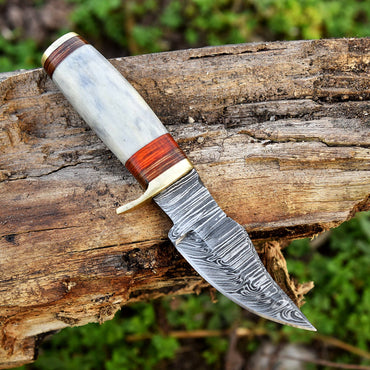 Handmade Damascus Steel Skinner Knife - Camel Bone Handle - 5.5" Full Tang Damascus Knife x-748