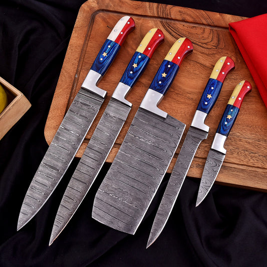 Handmade Damascus Chef Knife Set 5 Pieces Forged Kitchen Knife Set