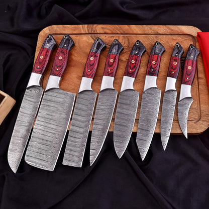Handmade Damascus Steel 8 Pieces Chef Knife Kitchen Knife Set Wood Handle