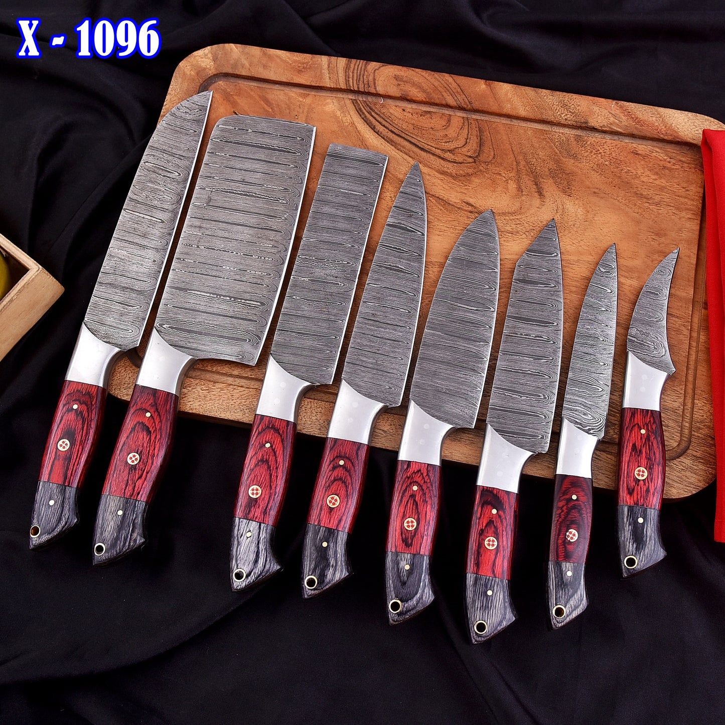 Handmade Damascus Steel 8 Pieces Chef Knife Kitchen Knife Set Wood Handle
