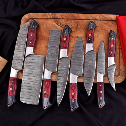 Handmade Damascus Steel 8 Pieces Chef Knife Kitchen Knife Set Wood Handle