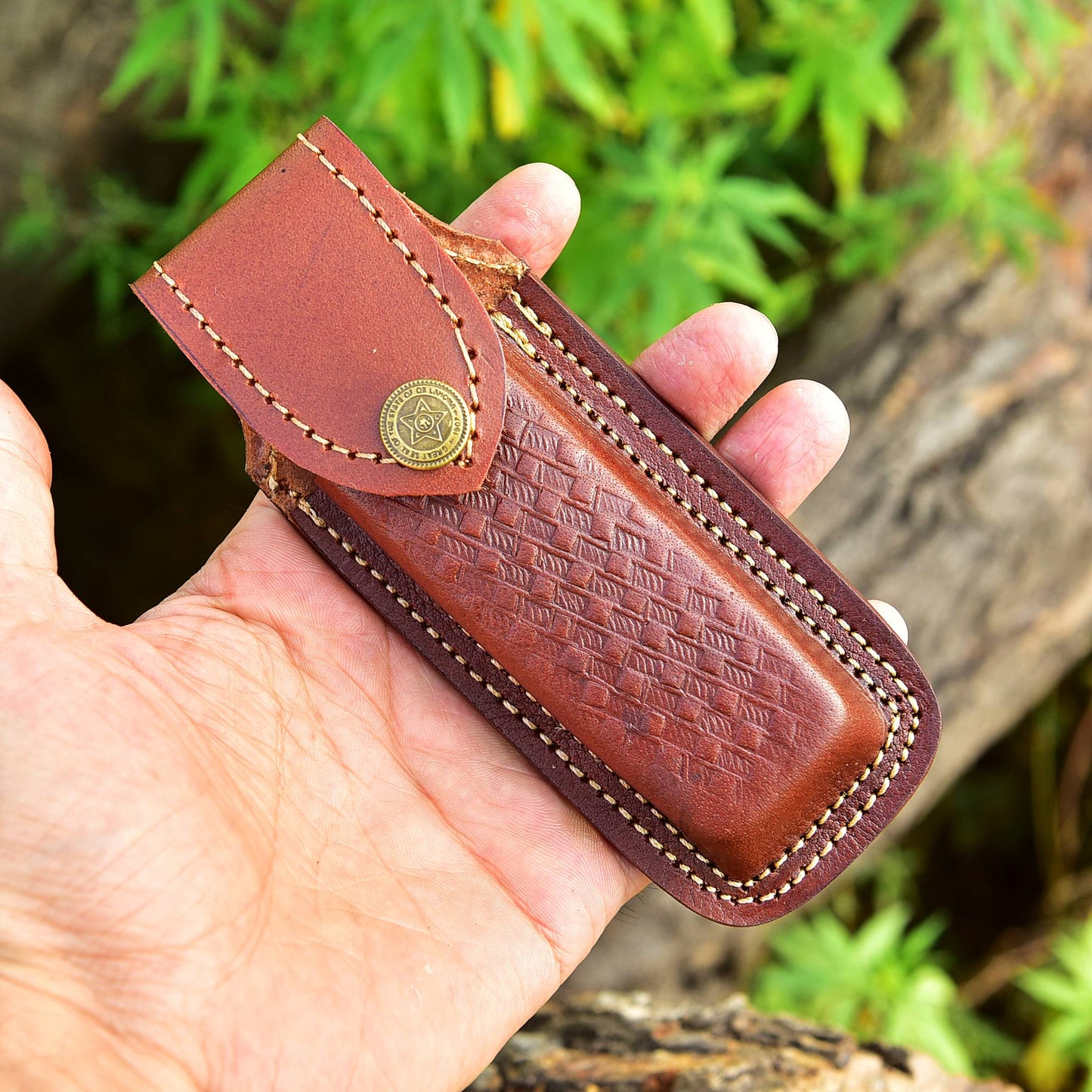 Custom Hand Stitched Top Grain Leather Folding Knife Engraved Sheath