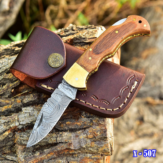 Custom Handmade Damascus Steel Back Lock Folding Pocket Knife Wood Handle