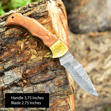 Custom Handmade Damascus Steel Back Lock Folding Pocket Knife Wood Handle