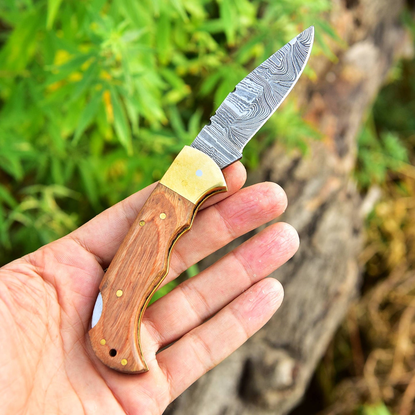Custom Handmade Damascus Steel Back Lock Folding Pocket Knife Wood Handle