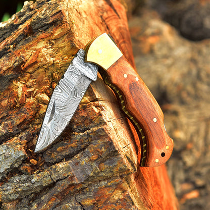 Custom Handmade Damascus Steel Back Lock Folding Pocket Knife Wood Handle