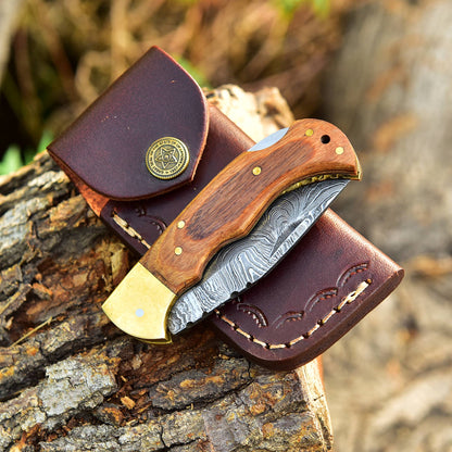 Custom Handmade Damascus Steel Back Lock Folding Pocket Knife Wood Handle