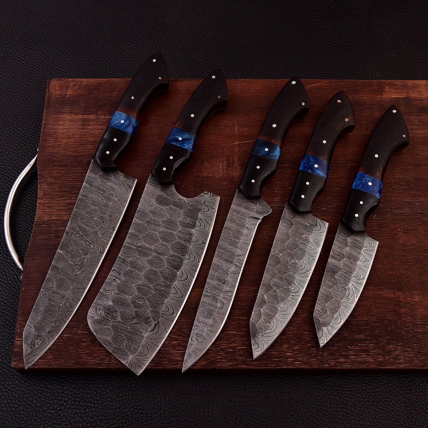 Handmade Damascus 5 PCS Kitchen Knife Set Chef Cutlery Set Wood Resin Handle