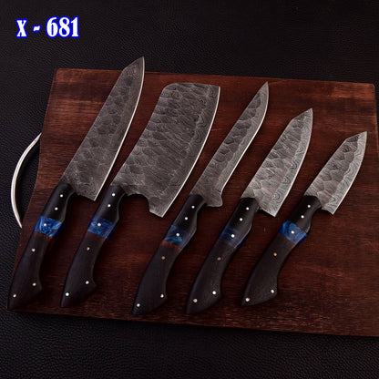 Handmade Damascus 5 PCS Kitchen Knife Set Chef Cutlery Set Wood Resin Handle