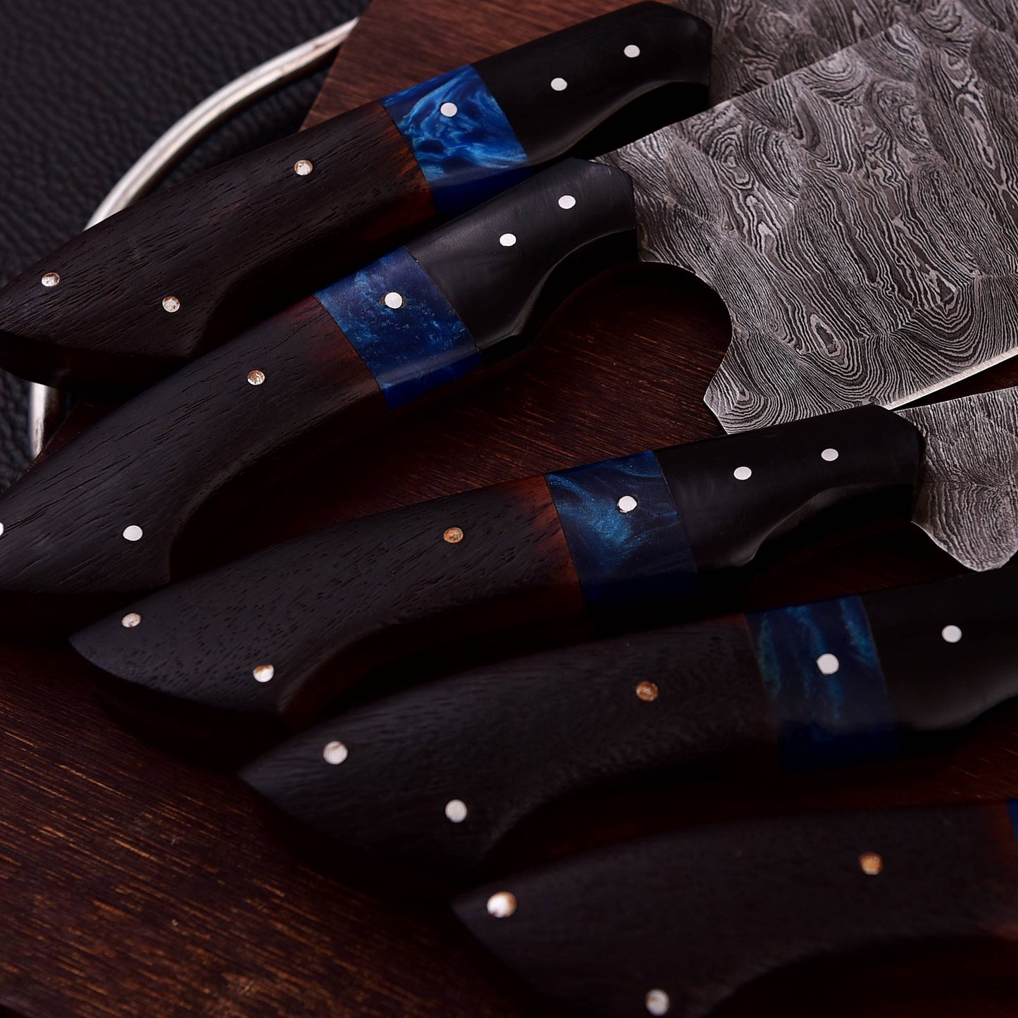 Handmade Damascus 5 PCS Kitchen Knife Set Chef Cutlery Set Wood Resin Handle