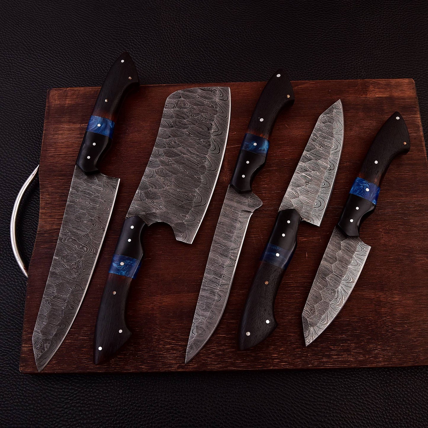 Handmade Damascus 5 PCS Kitchen Knife Set Chef Cutlery Set Wood Resin Handle