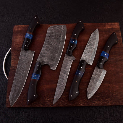 Handmade Damascus 5 PCS Kitchen Knife Set Chef Cutlery Set Wood Resin Handle