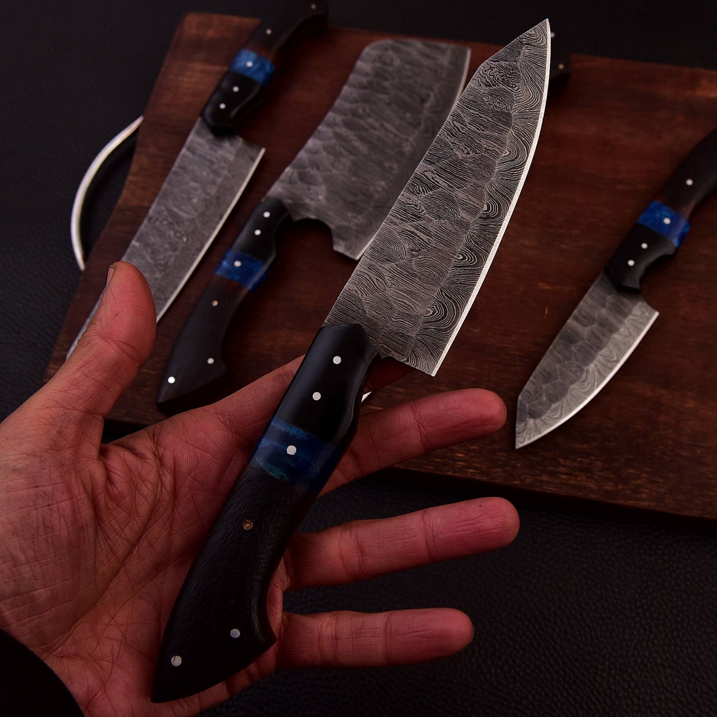 Handmade Damascus 5 PCS Kitchen Knife Set Chef Cutlery Set Wood Resin Handle