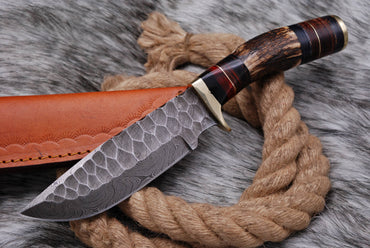 8" Handcrafted Damascus Steel Outdoor Knife with Stag Antler Handle