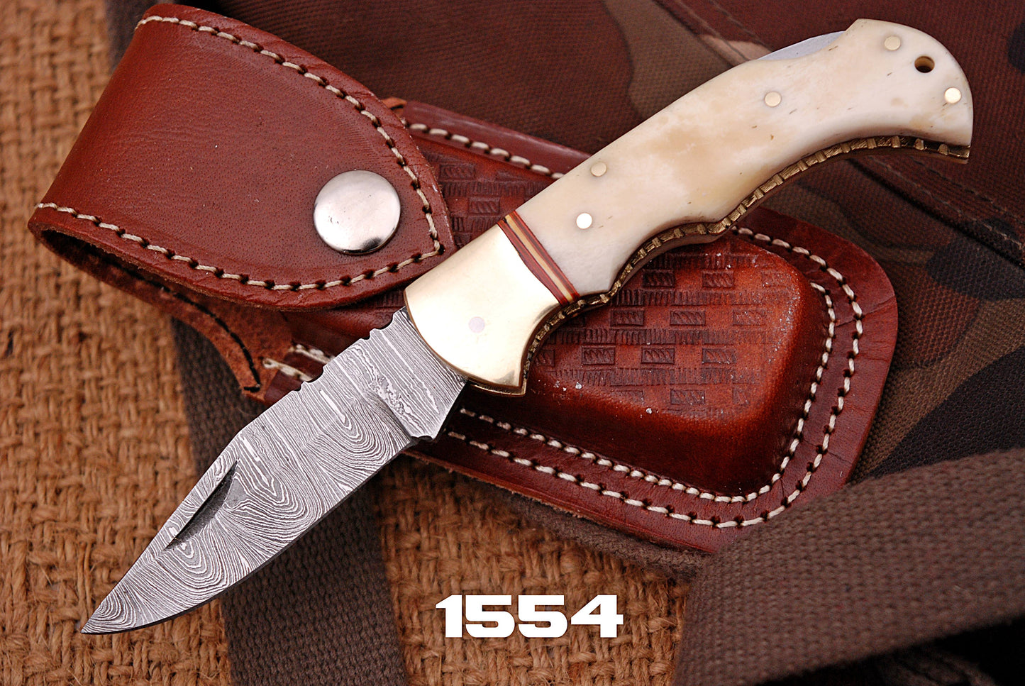 Custom Handmade Damascus Steel Folding Pocket Knife Camel Bone Handle