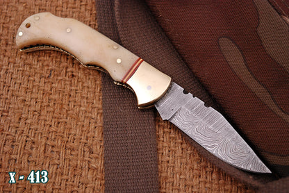 Custom Handmade Damascus Steel Folding Pocket Knife Camel Bone Handle