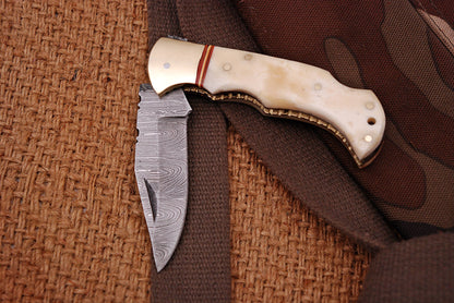 Custom Handmade Damascus Steel Folding Pocket Knife Camel Bone Handle