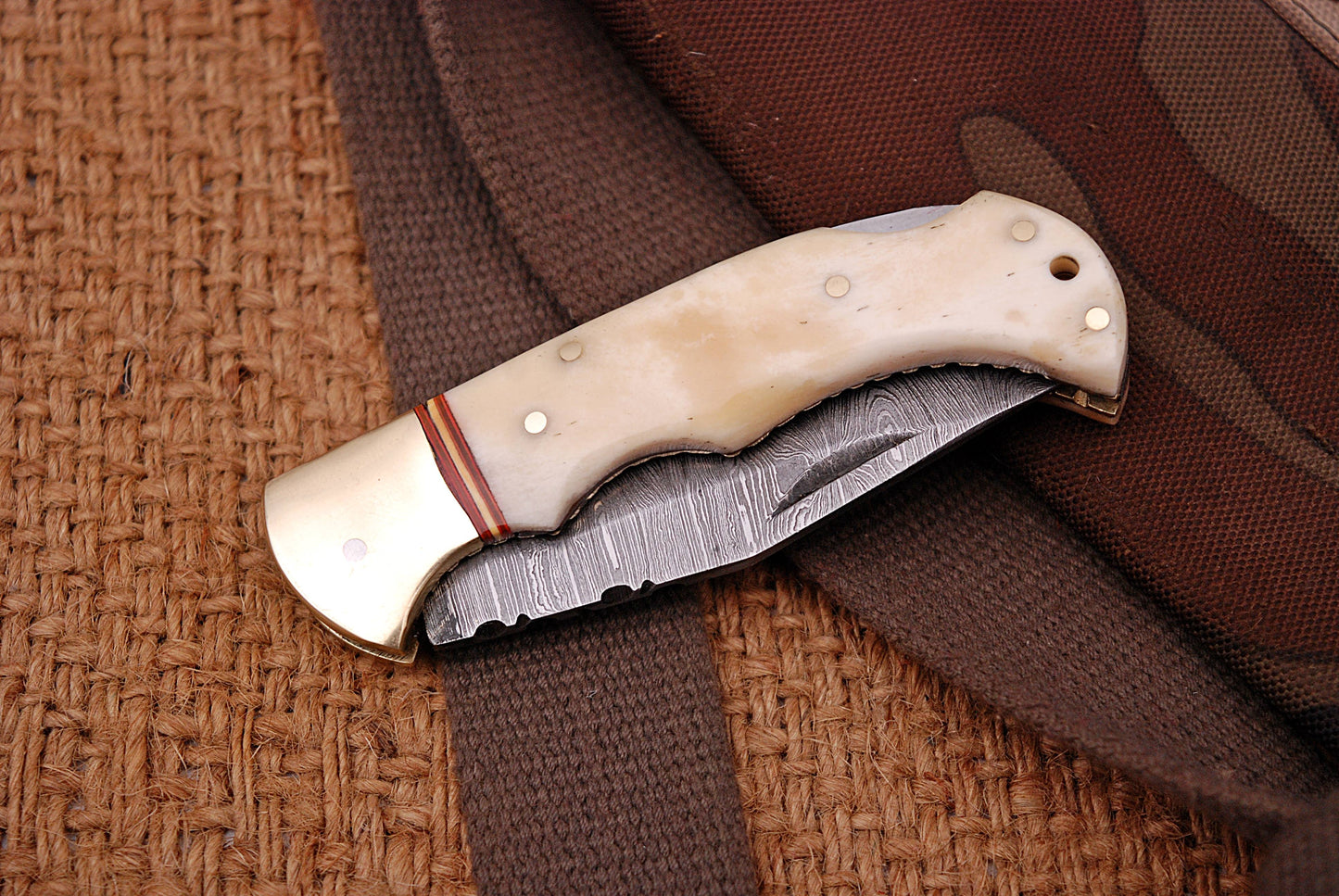 Custom Handmade Damascus Steel Folding Pocket Knife Camel Bone Handle
