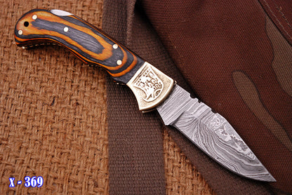 Handmade Damascus  Folding Blade Pocket Knife Wood Handle