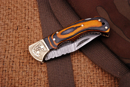 Handmade Damascus  Folding Blade Pocket Knife Wood Handle
