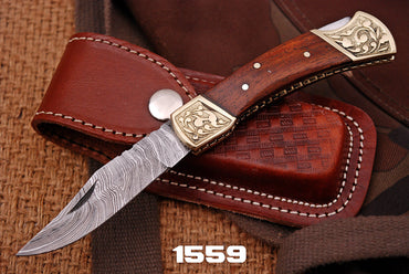 Customs Hand Made Damascus Steel Hunting Folding Knife Engraved Brass Bolster With Wood Handle