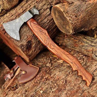 Damascus Viking Axe, Damascus Steel Axe With Leather Sheath, Darkwood Handle Axe, Viking Hatchet, Camp Axe