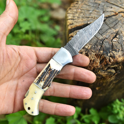 Professional Damascus Steel EDC Folding Knife Stage Camel Bone Handle