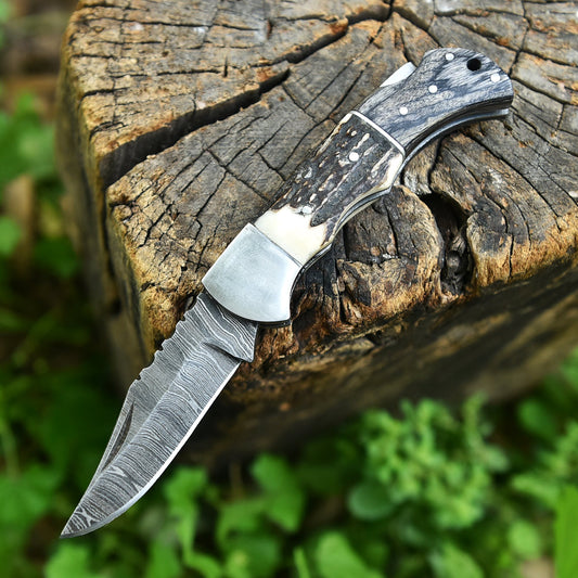 Custom Handmade Damascus Steel Folding Blade Pocket Knife Stage Wood Handle