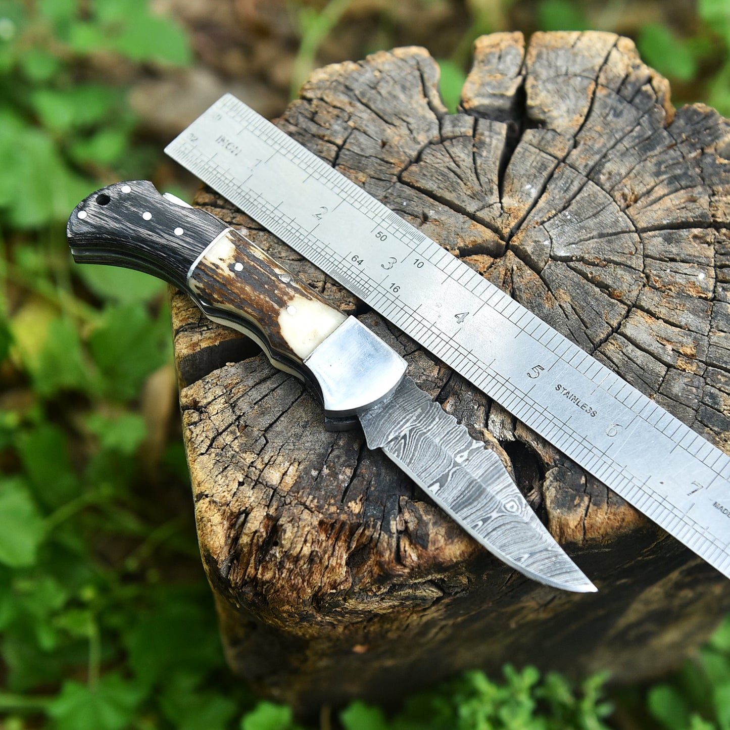 Custom Handmade Damascus Steel Folding Blade Pocket Knife Stage Wood Handle