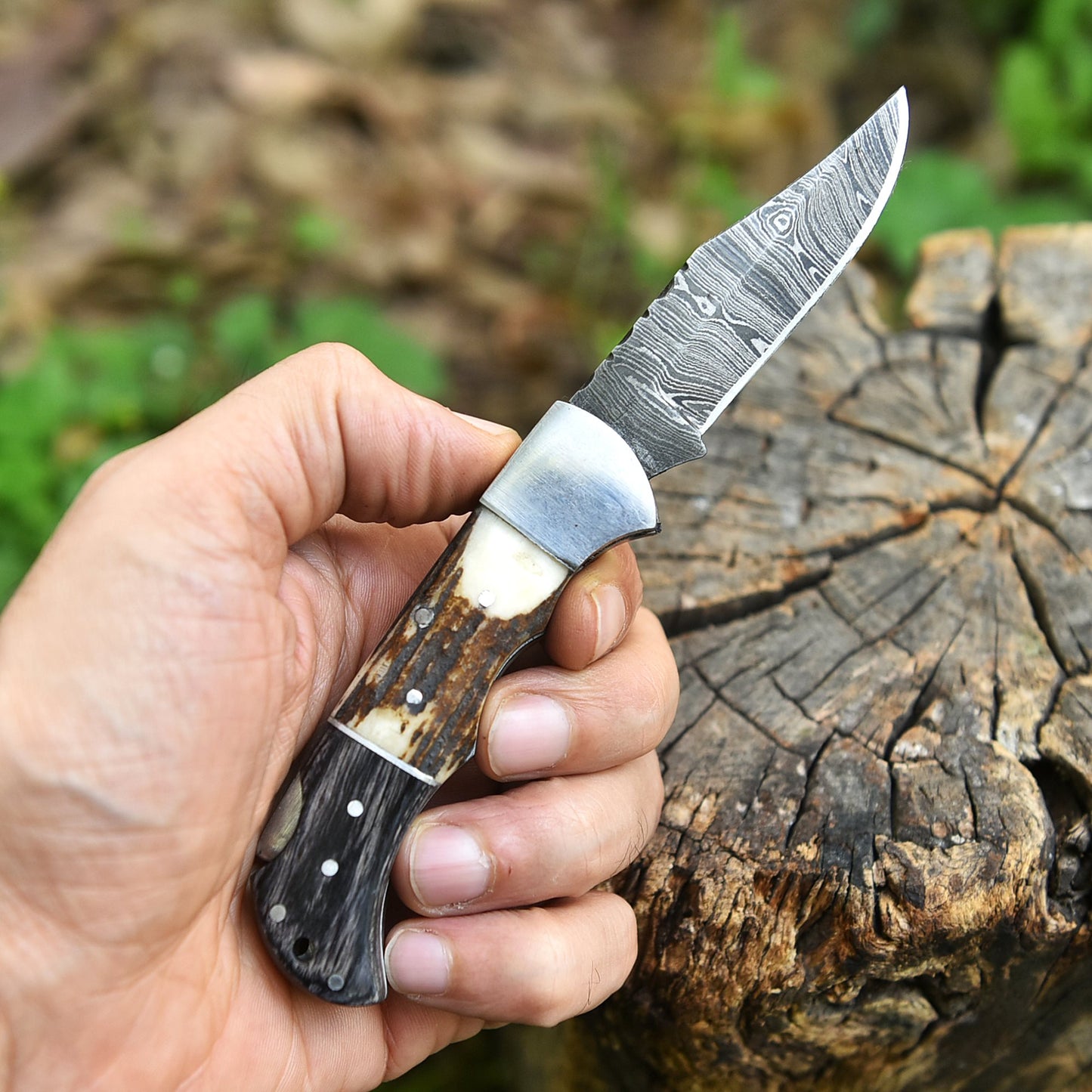 Custom Handmade Damascus Steel Folding Blade Pocket Knife Stage Wood Handle