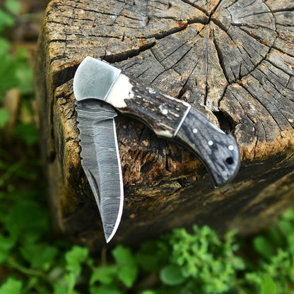 Custom Handmade Damascus Steel Folding Blade Pocket Knife Stage Wood Handle