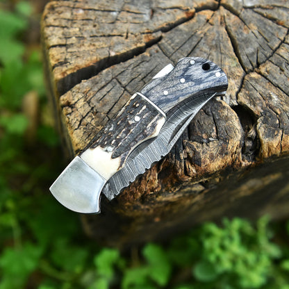 Custom Handmade Damascus Steel Folding Blade Pocket Knife Stage Wood Handle