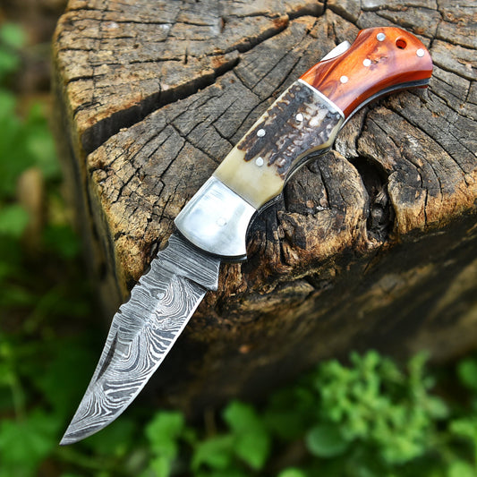 Handcrafted Damascus Steel Blade Folding Hunting Outing EDC Knife