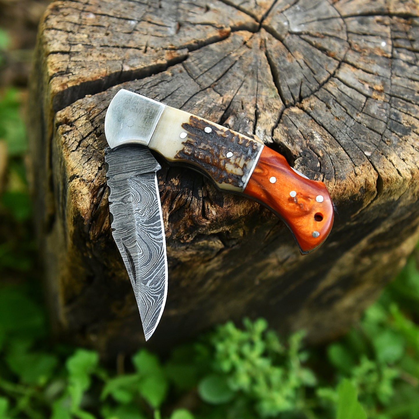 Handcrafted Damascus Steel Blade Folding Hunting Outing EDC Knife