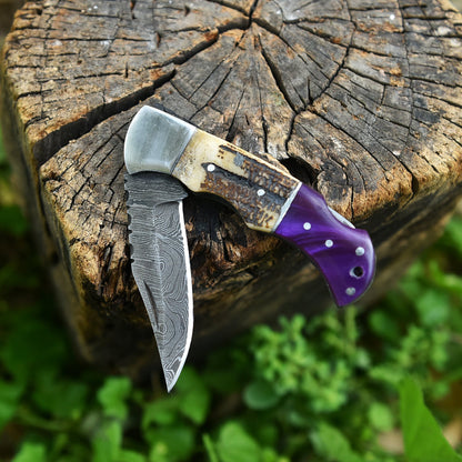 Handmade Damascus Steel  Folding Blade Pocket Knife Outdoor Camping Knife