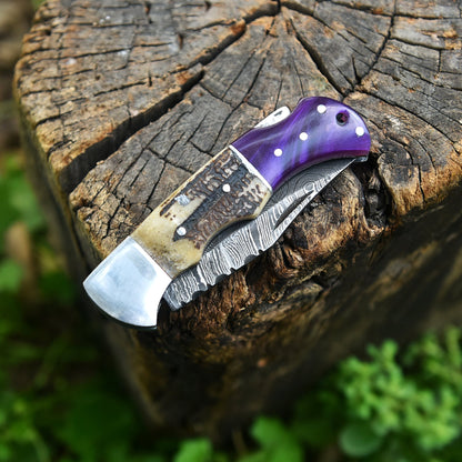 Handmade Damascus Steel  Folding Blade Pocket Knife Outdoor Camping Knife