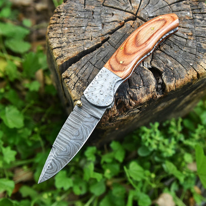 EDC Hand Forged Damascus Steel Folding Blade Pocket Knife Wood Handle