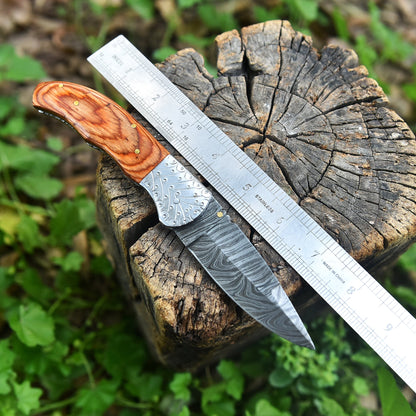 EDC Hand Forged Damascus Steel Folding Blade Pocket Knife Wood Handle