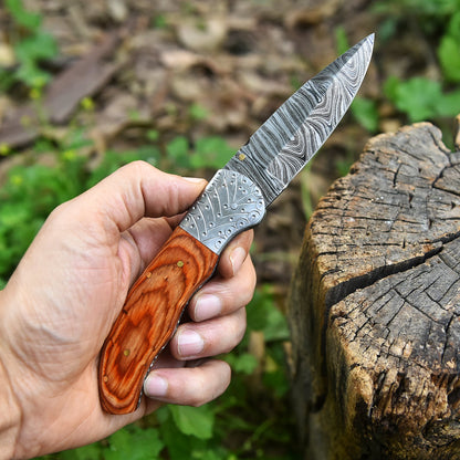 EDC Hand Forged Damascus Steel Folding Blade Pocket Knife Wood Handle