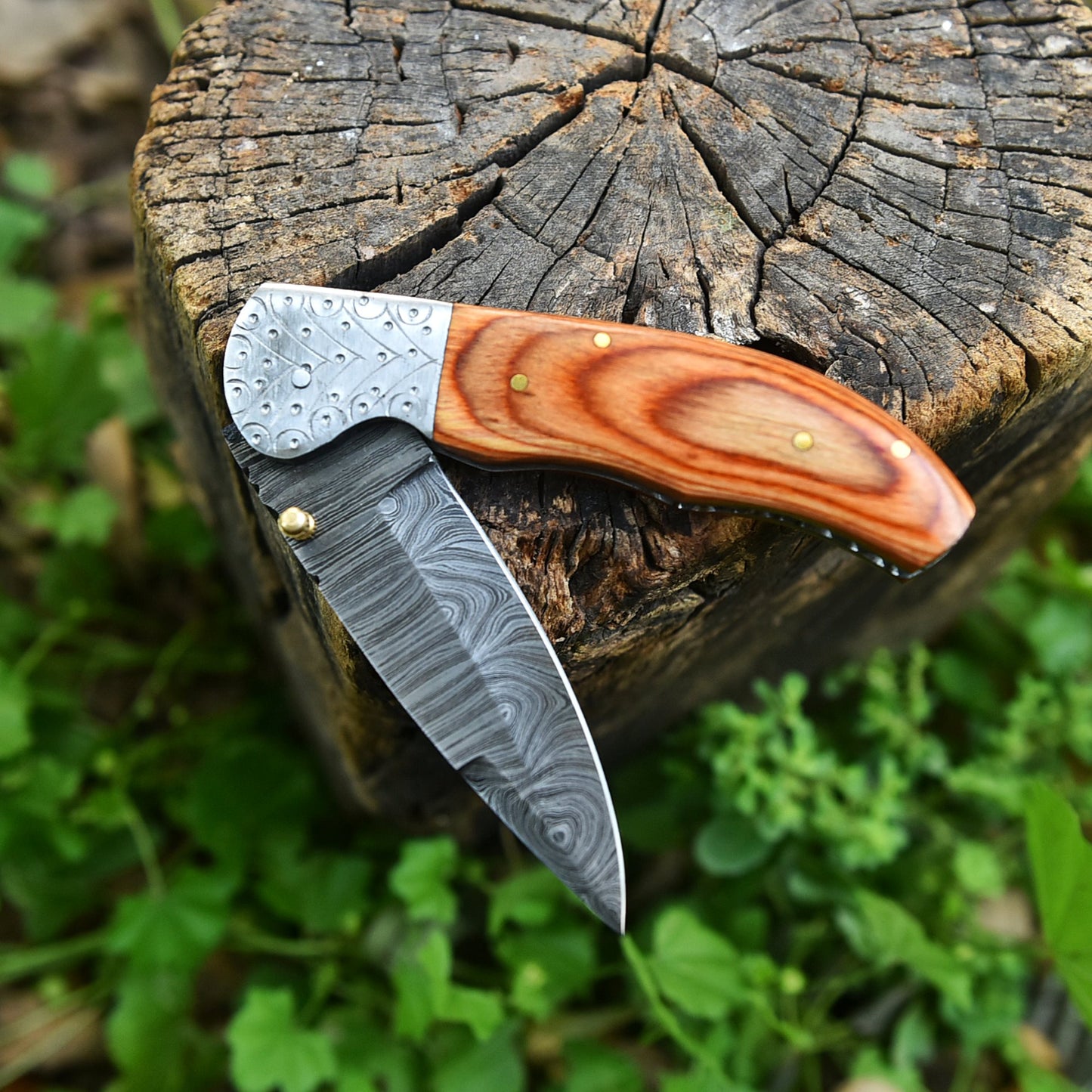 EDC Hand Forged Damascus Steel Folding Blade Pocket Knife Wood Handle
