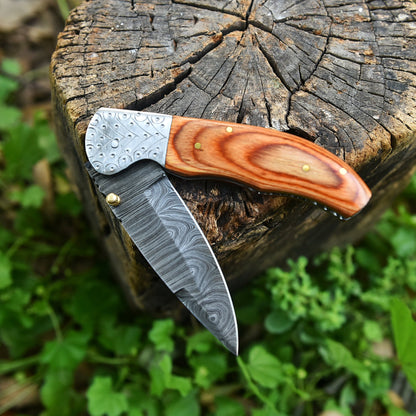 EDC Hand Forged Damascus Steel Folding Blade Pocket Knife Wood Handle