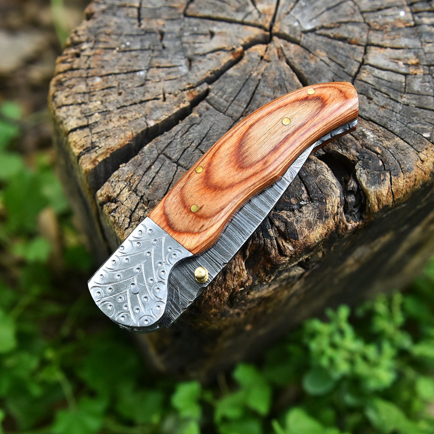 EDC Hand Forged Damascus Steel Folding Blade Pocket Knife Wood Handle