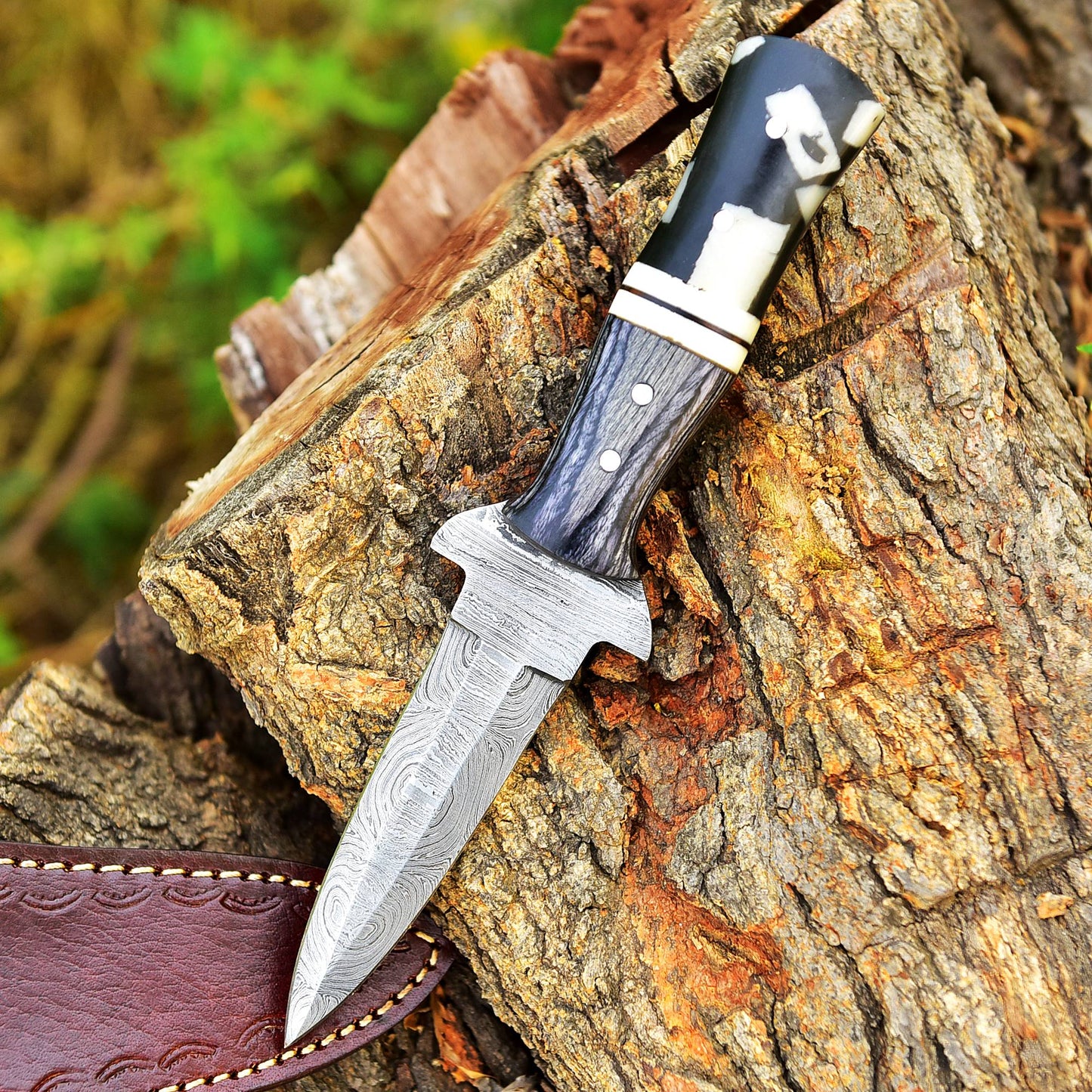 Heavy Duty Damascus Steel Dagger Knife Wood Resin Handle With Sheath